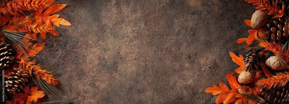 Poster Pine cones, dry leaves and wheat spikes creating a fall border on a dark textured background with copy space