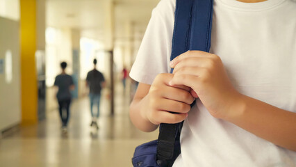 Close-up of a schoolboy in a white t-shirt holding backpack straps in a school corridor. Concept of back to school, education, learning, and student life.