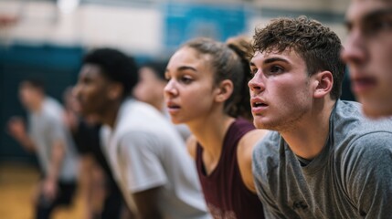 A group of diverse teenagers focused during a basketball practice session in a gym. They display various expressions of concentration and determination.