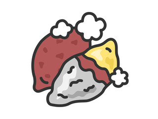 ホカホカの、銀紙に包まれた、焼き芋のアイコン（線画カラー）のイラスト