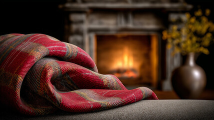 Cozy red plaid blanket draped over sofa near glowing fireplace  