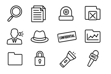 Investigative Icons Grid. Outline icon set of investigative journalism: magnifying glass, documents, hidden