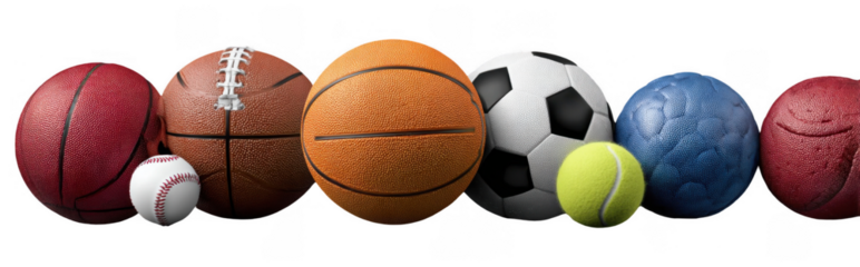 A collection of various sports balls including basketball, football, soccer ball, tennis ball, and others on a white background
