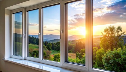 Smart window with integrated electrochromic film and a majestic view of snow-capped mountains