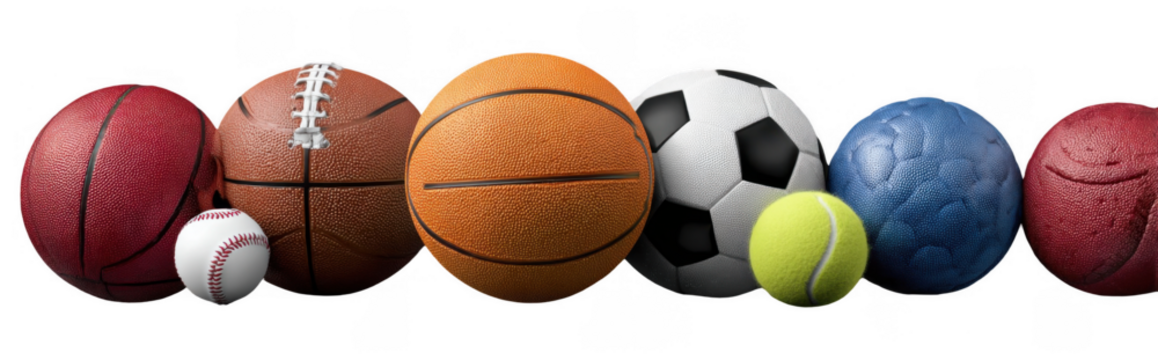 A collection of various sports balls including basketball, football, soccer ball, tennis ball, and others on a white background - Powered by Adobe
