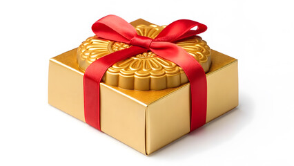 Obraz premium Golden gift box with a red ribbon showcasing a decorative top design for a special occasion