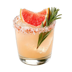 A light peach-colored cocktail garnished with grapefruit slices and rosemary sprigs.  Salted rim