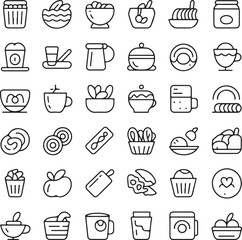Grid of 40 flat design icons representing various food and drink items coffee