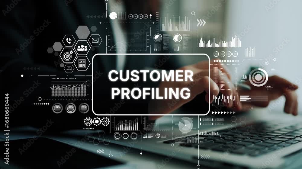 Poster detailed analysis of customer profiling process with graphical data visualization and modern technol