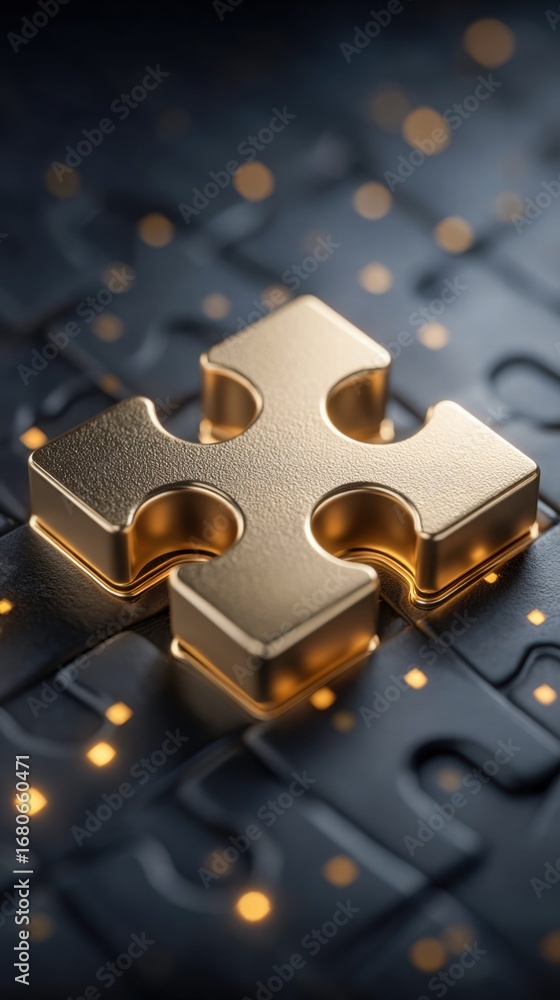 Poster golden puzzle piece on dark background symbolizes problem-solving and unity