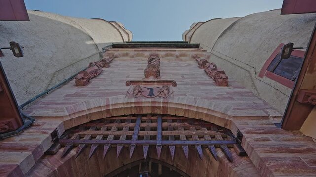 Low Angle Close-Up of Spalentor Gate and Portcullis in Basel, Switzerland.Captured on July 25, 2025
