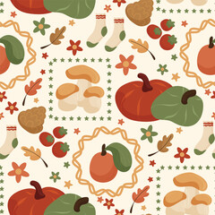 Autumn season seamless pattern background vector. Fall harvest wallpaper with pumpkin, mushroom, tomato, socks, pinecone, frame. Design for printed, cover, fabric, packaging, wall art, home decor.