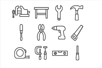 Obraz premium Workshop Tools Icons. Outline icon set of workshop essentials: vise, workbench, wrench, hammer, screwdriver,