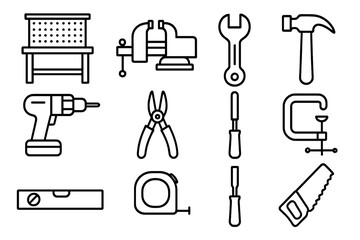 Fototapeta premium Mechanical Tool Icons. Outline icon set of mechanical workshop: workbench, vise, wrench, hammer, drill, pliers