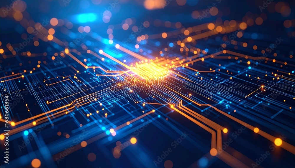 Aufkleber steampunk-style circuit board with illuminated neon threads in a complex network design