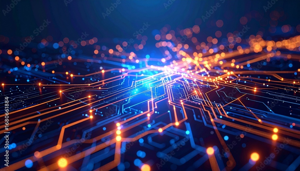 Poster Steampunk style circuit animation with glowing lights and neon threads emanating from it