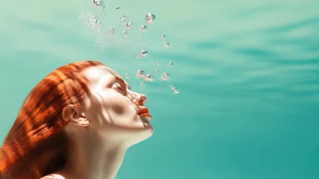 Underwater video concept with a serene, dreamy style. Side angle captures a woman submerged, light dancing on her face, creating a tranquil scene. Live desktop wallpaper.