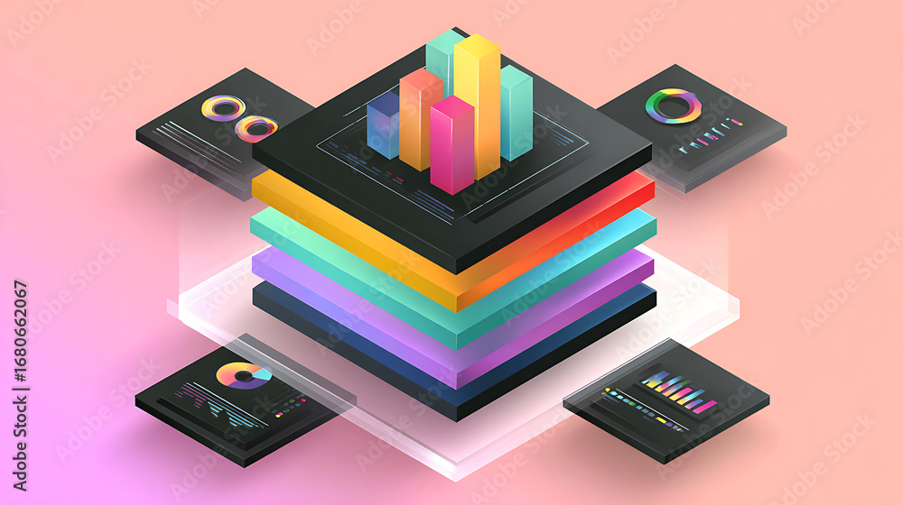 Poster abstract geometric composition with colorful stacked blocks and square elements
