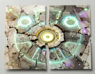 A fragmented, ancient technological structure, revealing glowing circuits and patterns beneath its cracked surface.