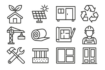 Sustainable Construction Icons. Outline icon set of sustainable construction: green roof, solar panel, modular