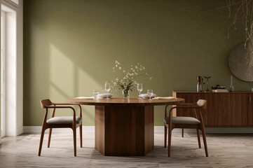 Modern Minimalist Dining Room with a Round Wooden Table