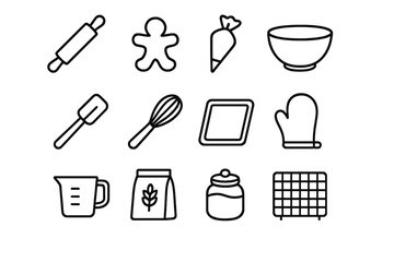 Holiday Baking Tools. Outline icon set of holiday baking tools: rolling pin, cookie cutter, piping bag, mixing