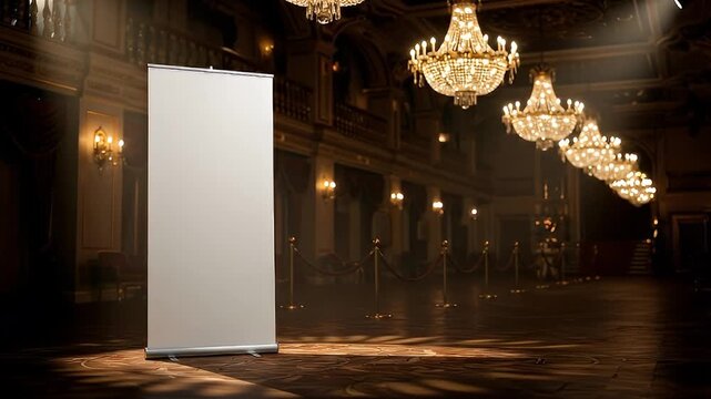 Blank roll up banner mockup in a luxurious, classic grand hall with ornate chandeliers, perfect for an elegant event presentation.