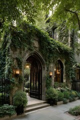 Stone archway entrance, ivy-covered walls, lush greenery