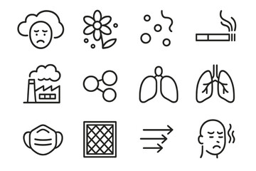 Environmental Breathing Icons. Outline icon set of environmental impact on breathing: smog, pollen, dust,