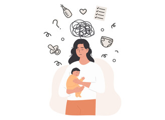 Overwhelmed mother holding baby surrounded by baby care symbols and stress scribble. Concept of mental load, postpartum anxiety, mental overload, and emotional burnout. Flat Style Vector Illustration.