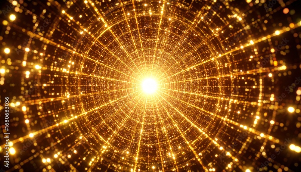 Poster golden light burst captivating tunnel filled with sparkling particles moving in depth