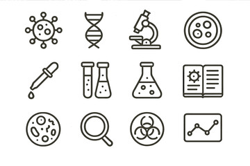Virology Icon Set. Outline icon set of Virology in ancient samples: virus particle, DNA strand, microscope,