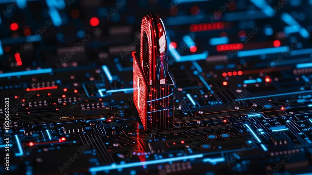 Aufkleber cybersecurity protection and data prevention with glowing red lock digital circuit board showing sec