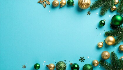 Christmas decorations on a blue background framed by festive green and gold ornaments