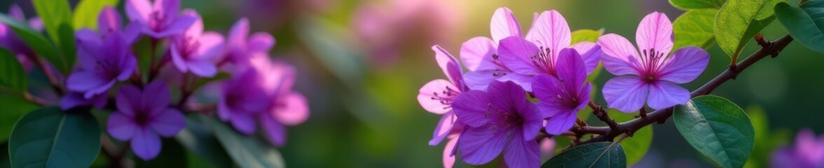 Fototapeta premium Lush purple jacaranda blossoms, vibrant green leaves , lush foliage, botany, flowering tree