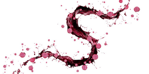 Abstract red liquid splash with checkered pattern droplets isolated on a black background