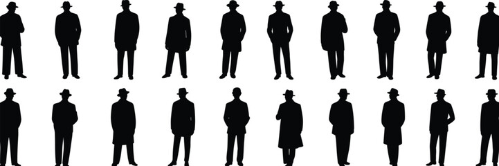 Silhouettes of vintage men wearing hats and coats standing in different poses isolated on white background vector illustration.