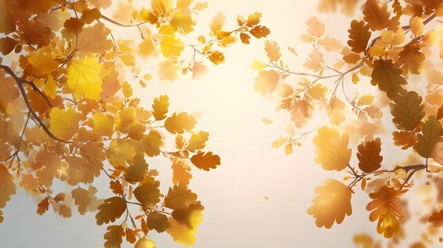 Golden autumn leaves gently swaying in the soft light of a gentle breeze.