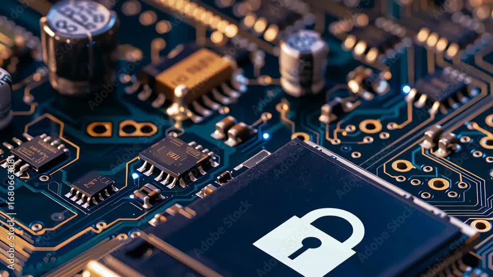 Poster cybersecurity data protection and prevention electronic circuit board with lock symbol securing digi