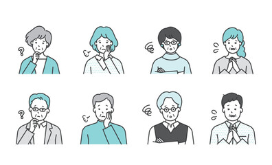 困った表情のシニア男女の上半身イラスト
