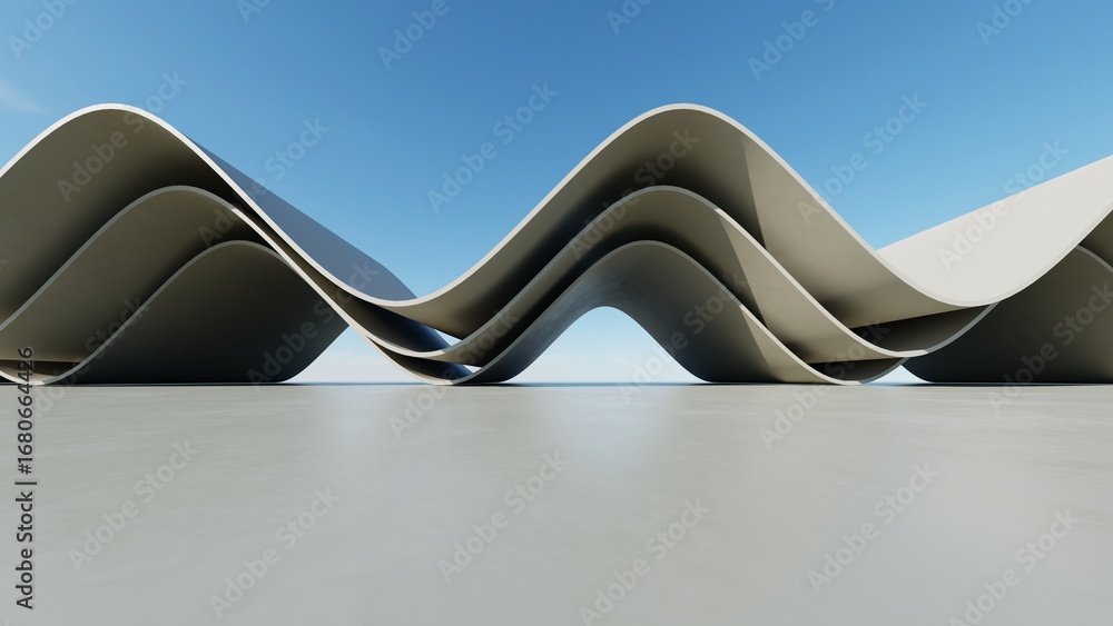 Poster abstract wavy curved architecture background, empty space with concrete floor, futuristic modern ext