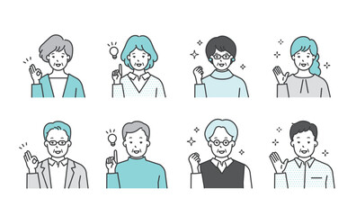 笑顔で喜ぶシニア男女の上半身イラスト