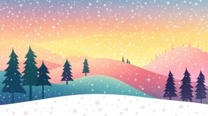 Naklejka premium Winter landscape with colorful hills and falling snow at sunset