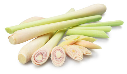 Fresh lemongrass stalks and slices isolated on white background. Clipping paths.
