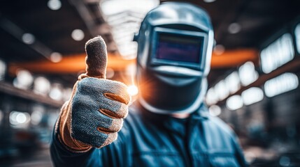 A welder gives a thumbs up in a workshop, wearing a protective helmet and gloves, showing positivity.