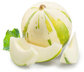Sugar matisse melon and melon slices isolated on white background. File contains clipping path.