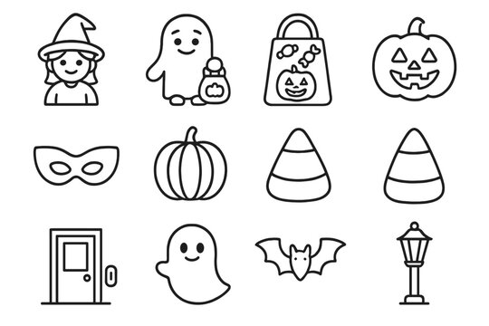 Halloween Icon Set. Outline icon set of Trick-or-treating fun: children, costumes, candy bag, jack-o-lantern, - Powered by Adobe