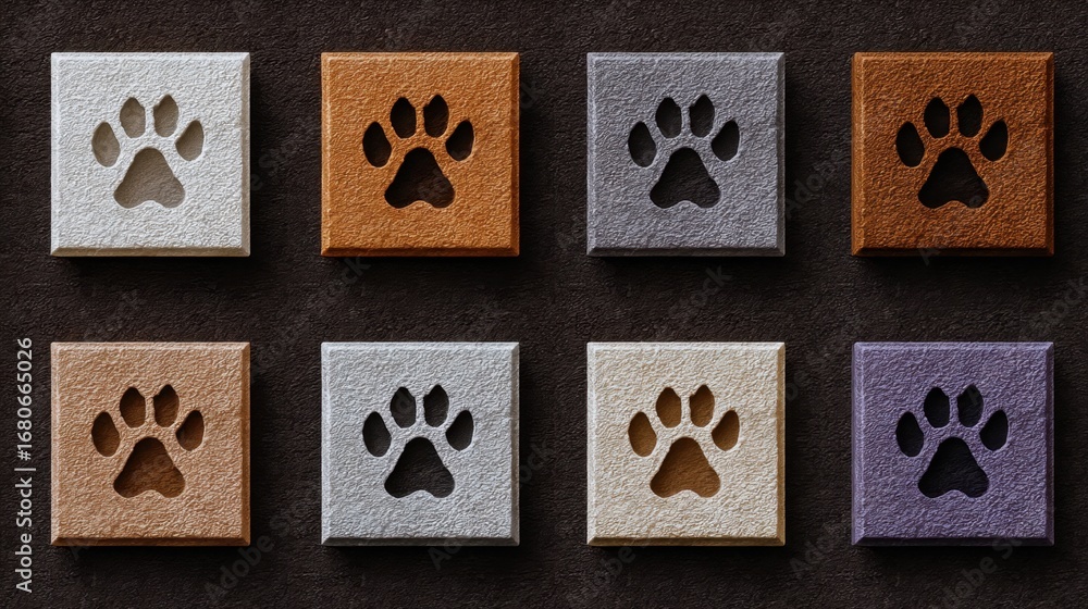 Aufkleber creative display of colorful paw print tiles arranged in a symmetrical pattern on a dark background 