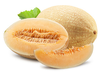 White oval melon and melon cross section isolated on white background. Cut out PNG file.