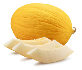 Canary yellow melon and melon slices isolated on white background. File contains clipping path.